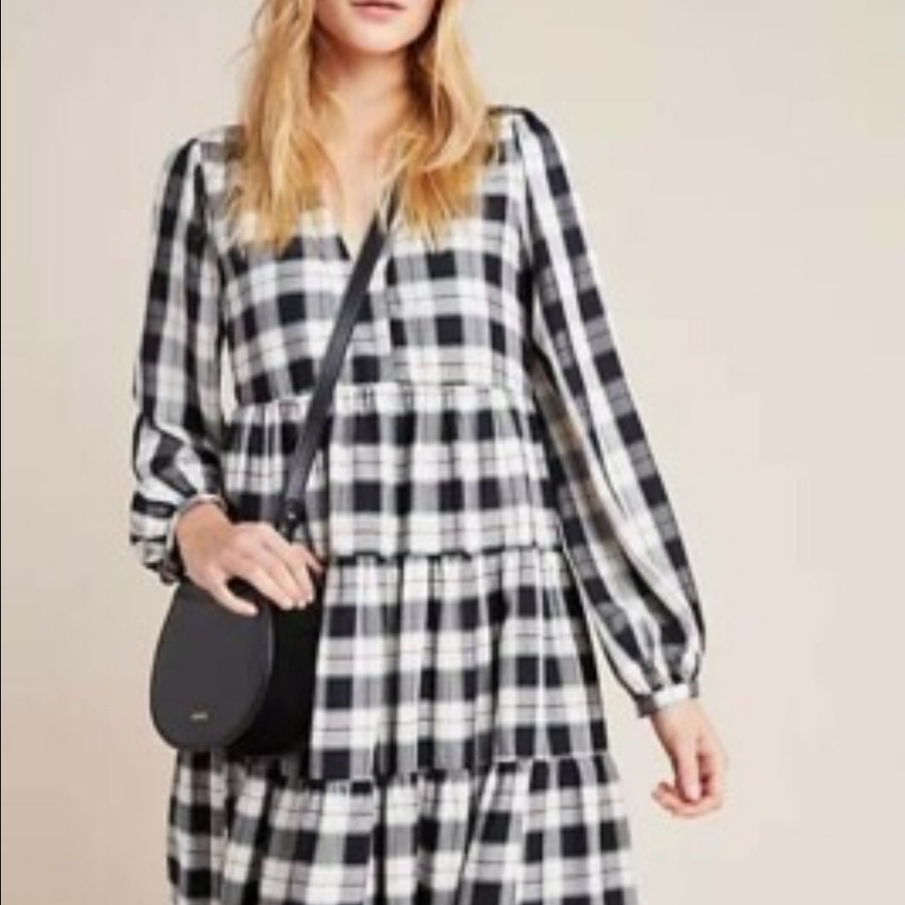 Anthropologie Plaid Long Sleeve Dress in Black and White